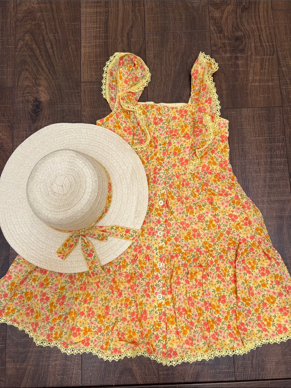 Btween 100% cotton flower print lace trim Dress with matching straw hat size:7